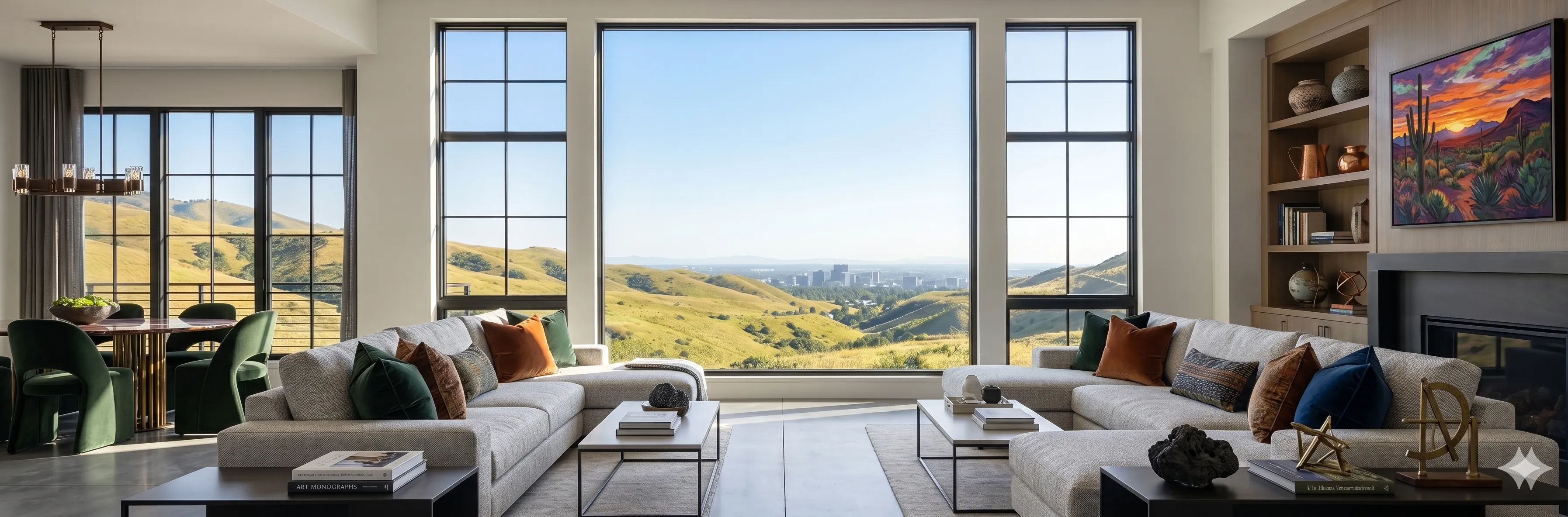 Modern living room with floor-to-ceiling windows overlooking Boise foothills